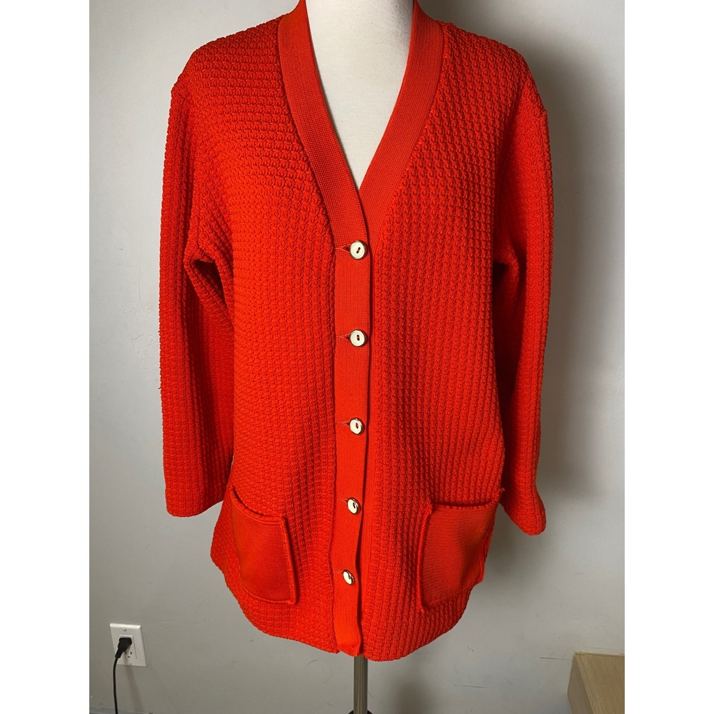 Vintage Poly Purl Hedy Knits Orange/Red Textured Waffle Cardigan Sweater Pockets